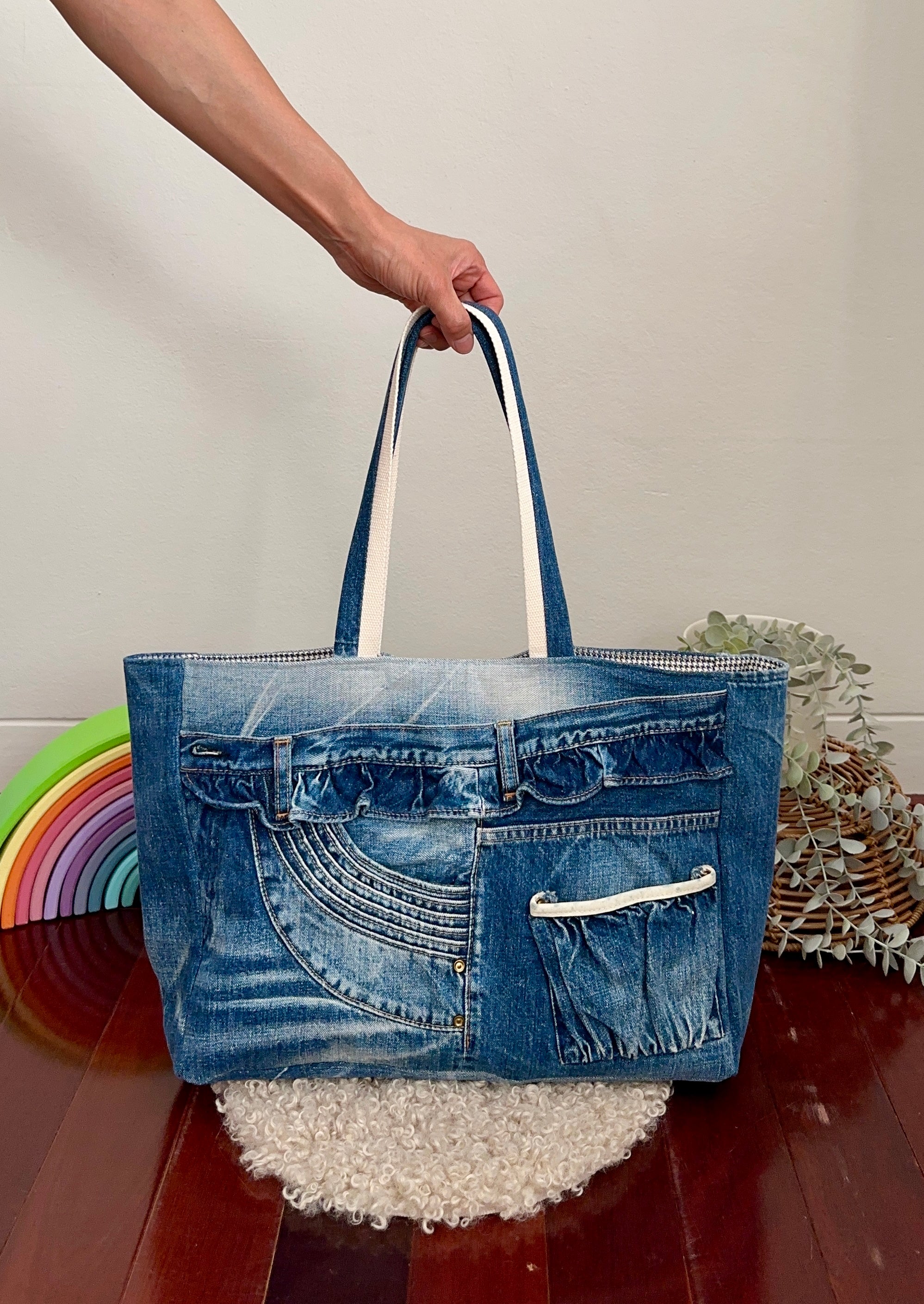 Upcycled Denim Frill Tote Bag