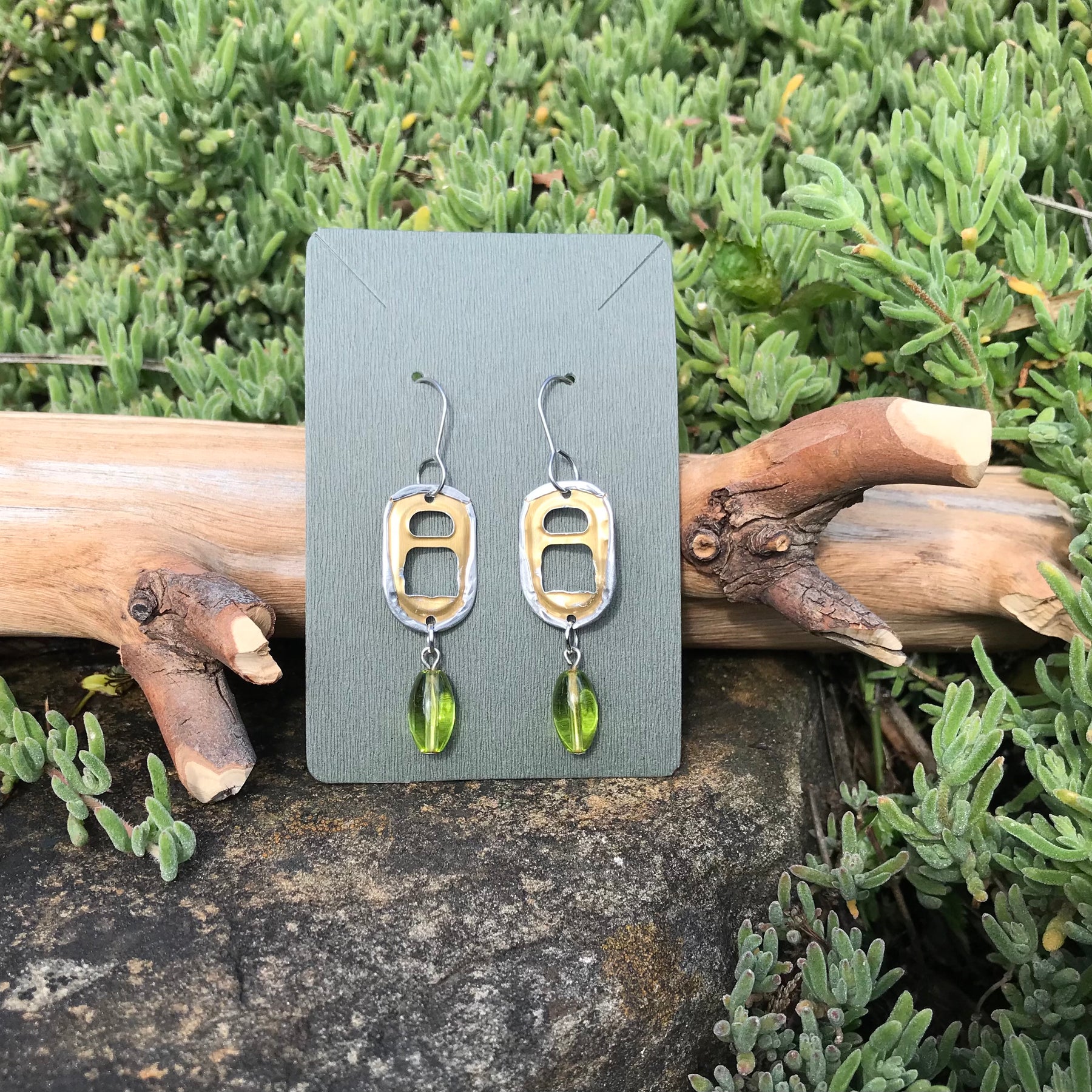 Handmade Upcycle Can Pop Top Earrings green & gold
