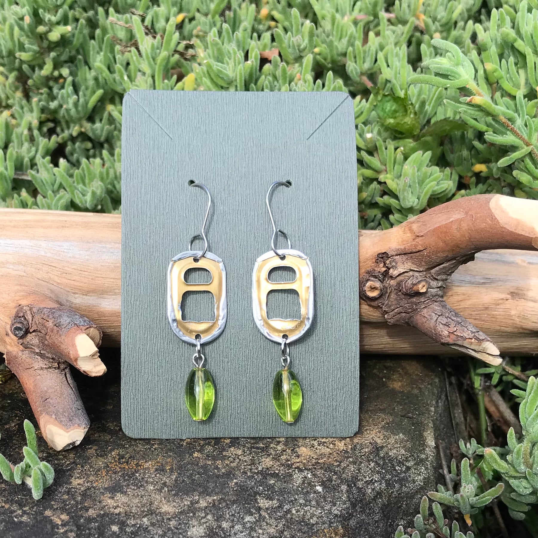 Handmade Upcycle Can Pop Top Earrings green & gold