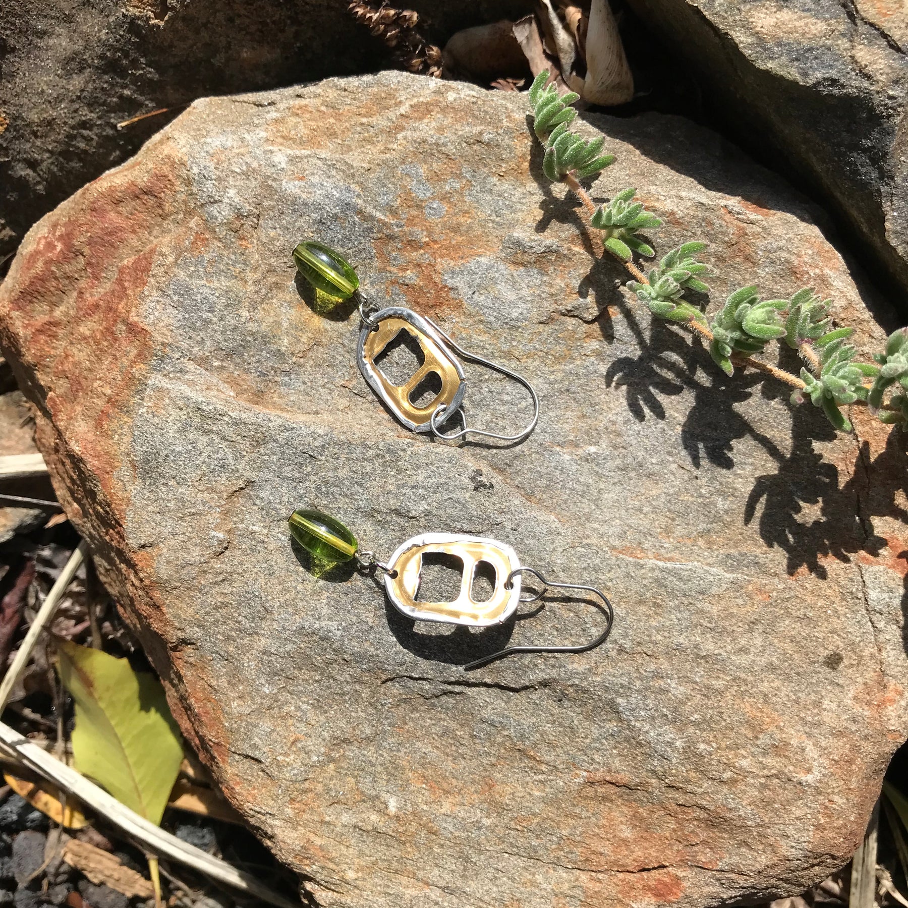 Handmade Upcycle Can Pop Top Earrings green & gold