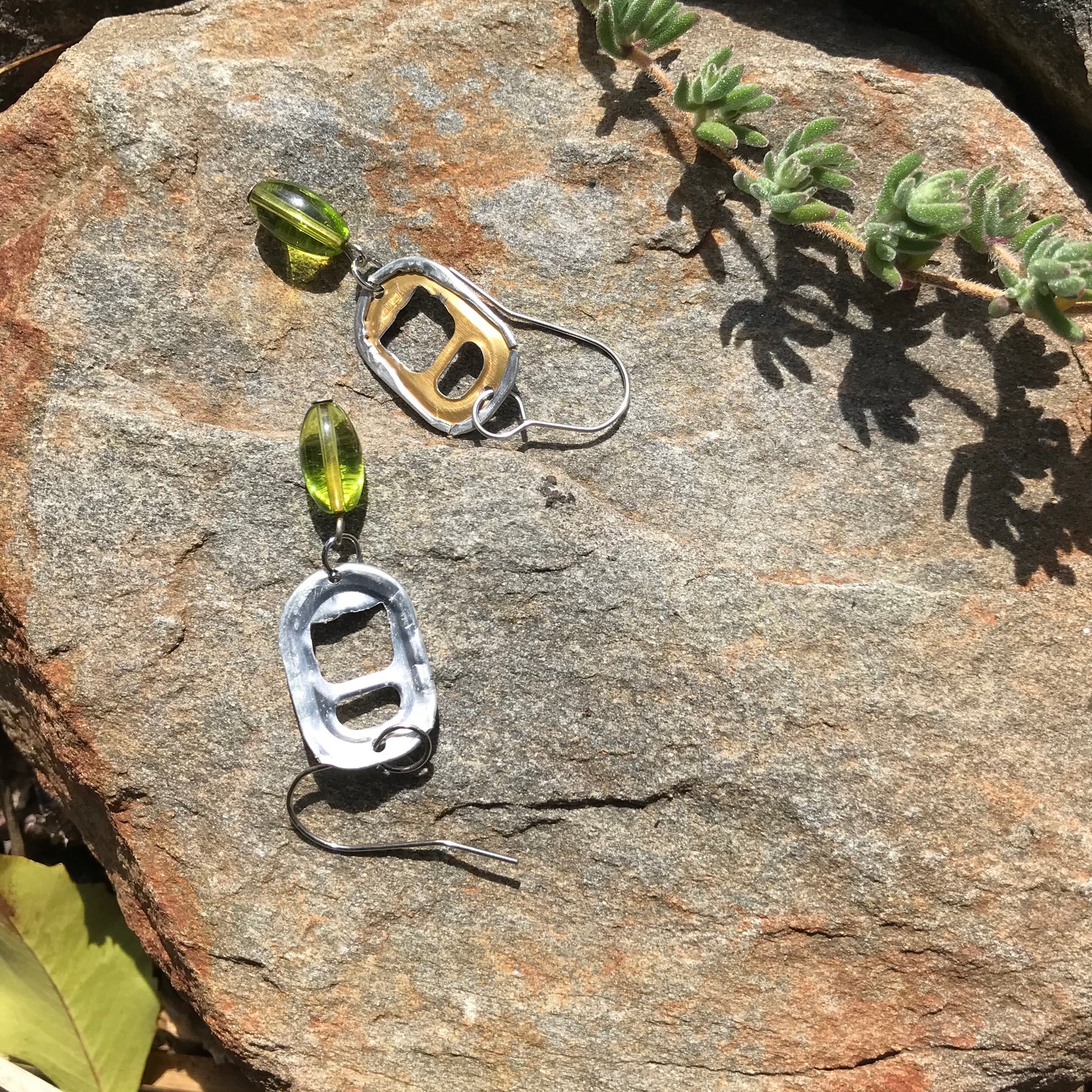 Handmade Upcycle Can Pop Top Earrings green & gold