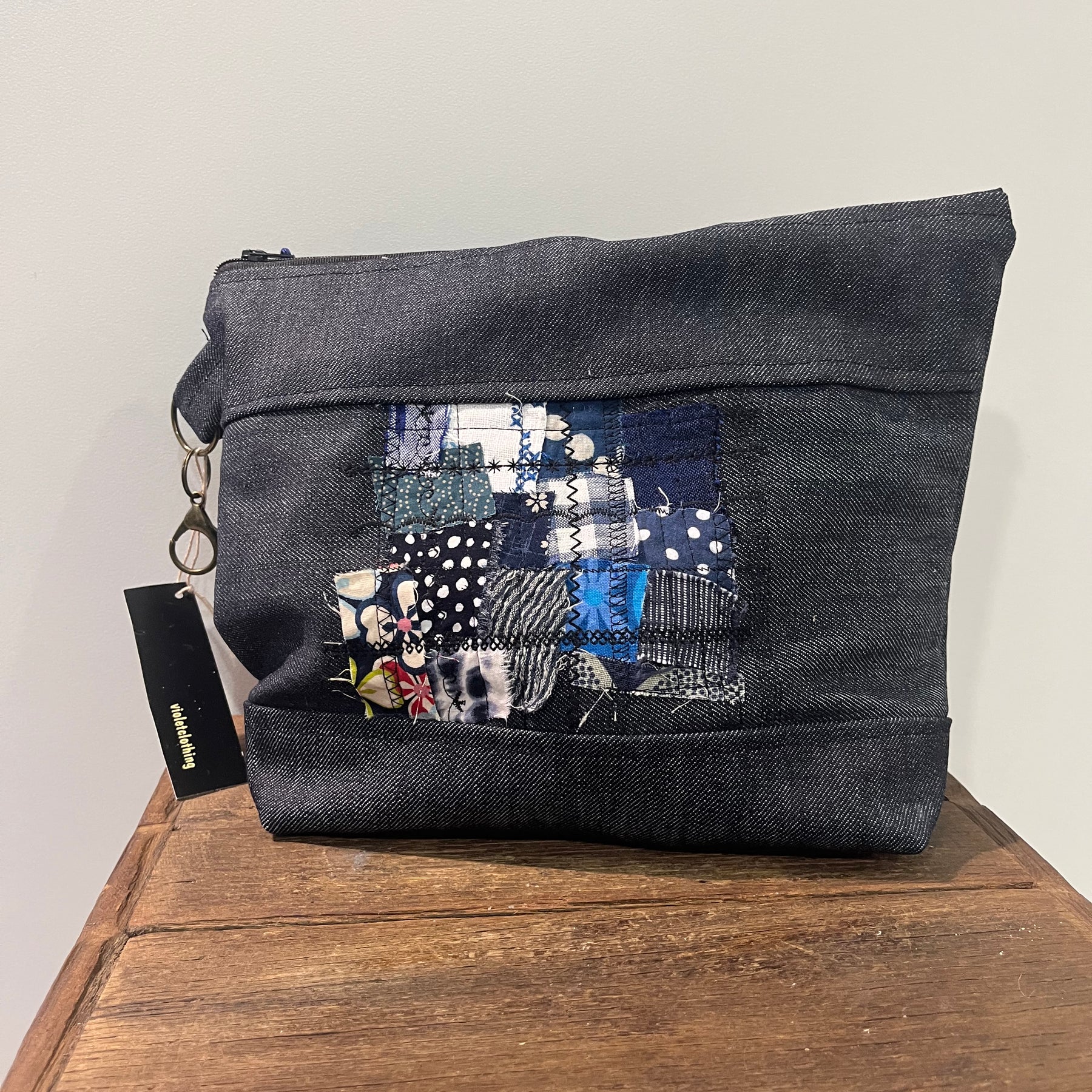 denim scrappy patch purse, handmade in WA