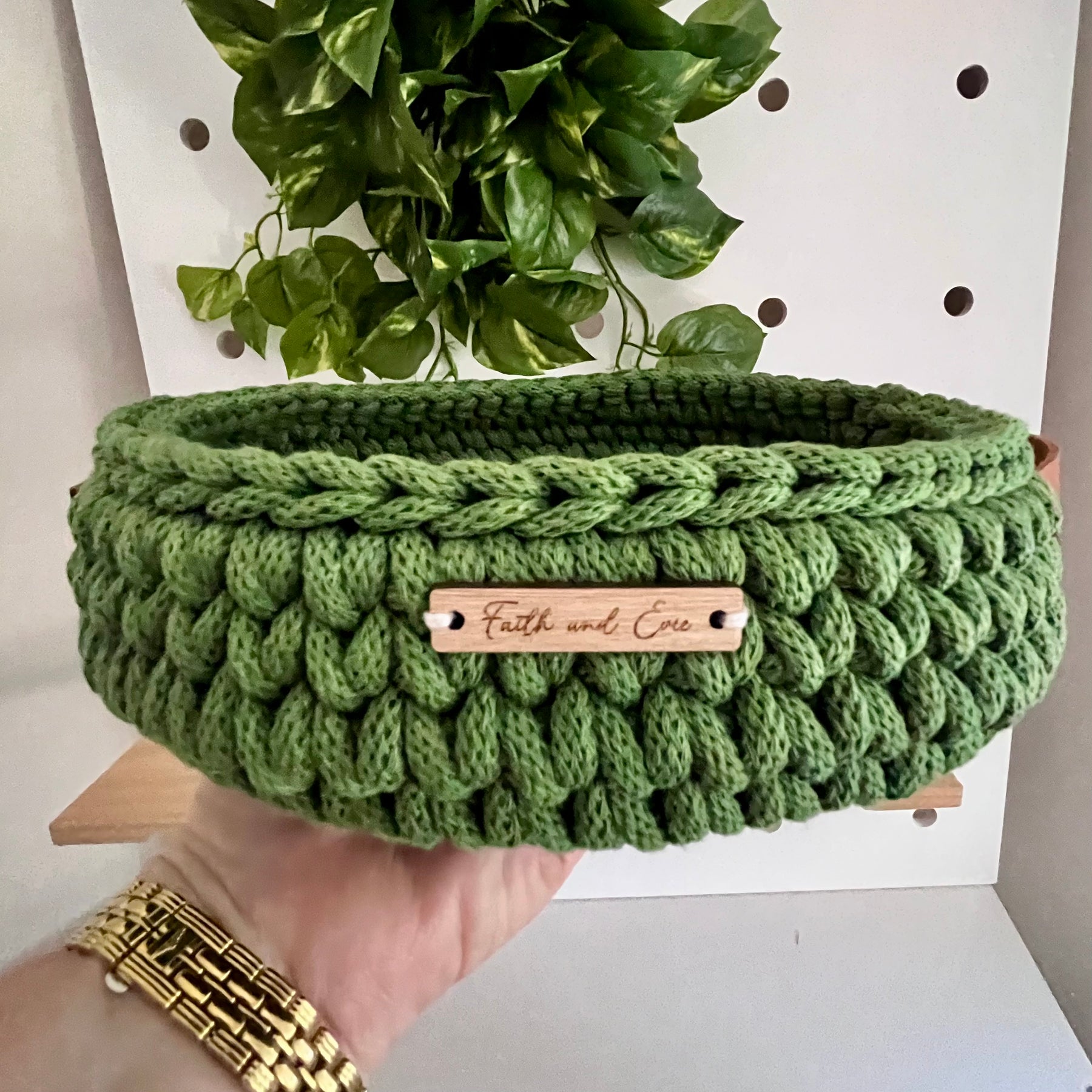 Handmade crochet tray with handles - colour Fern