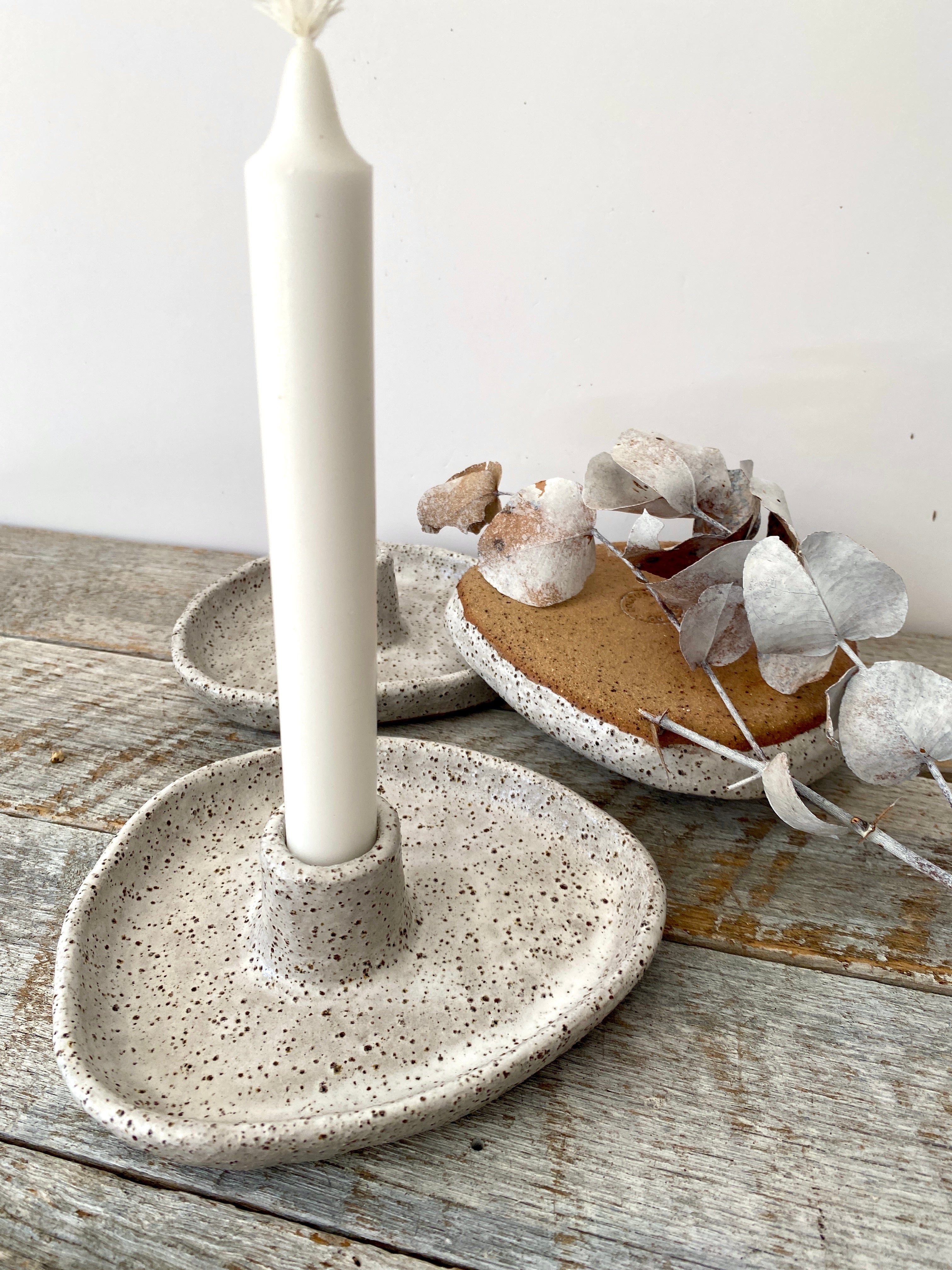 Rustic Ceramic Candle Holder - White with speckles