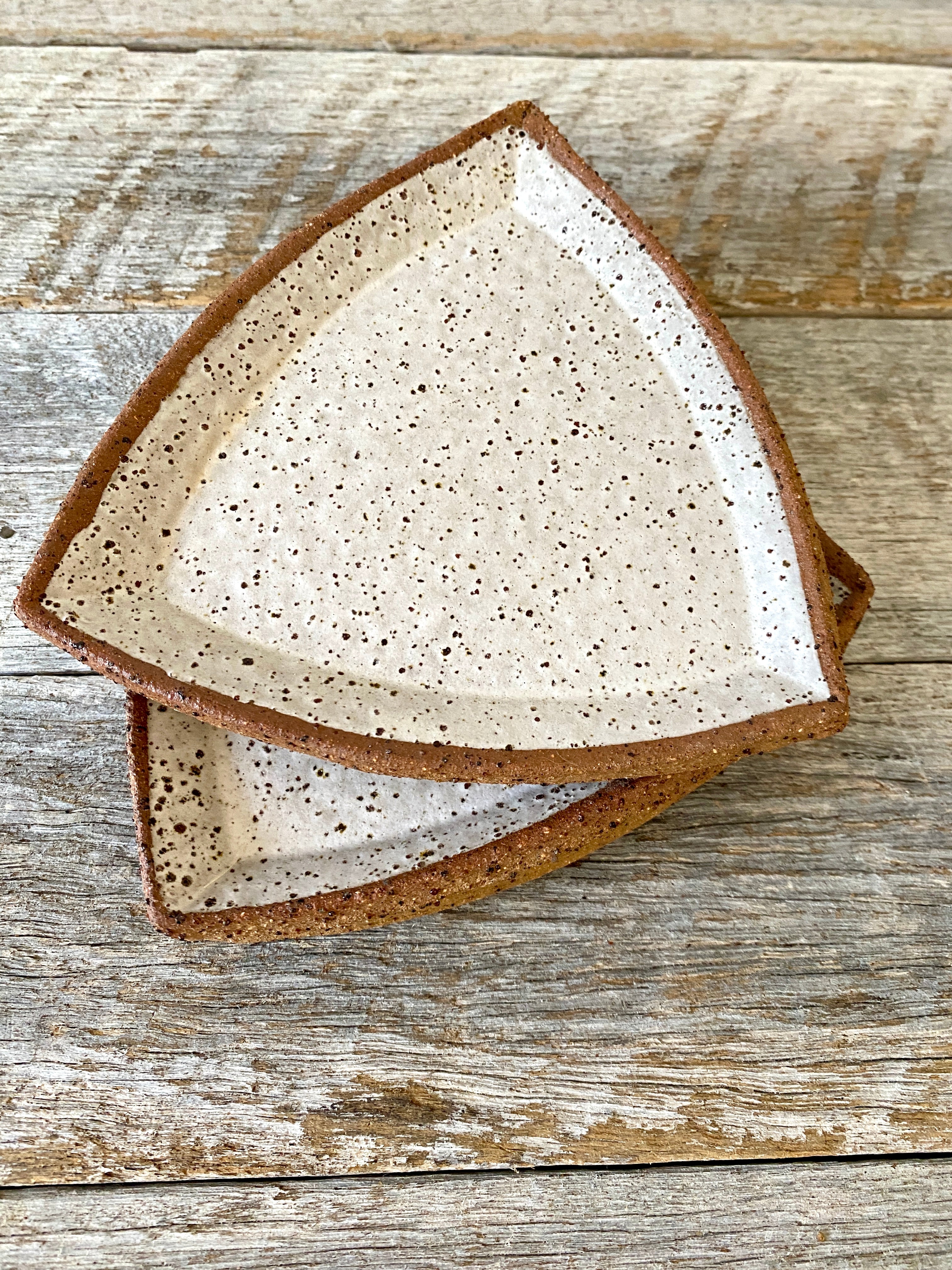 Triangular Rustic Ceramic Dish- Set of 3 - White with speckles