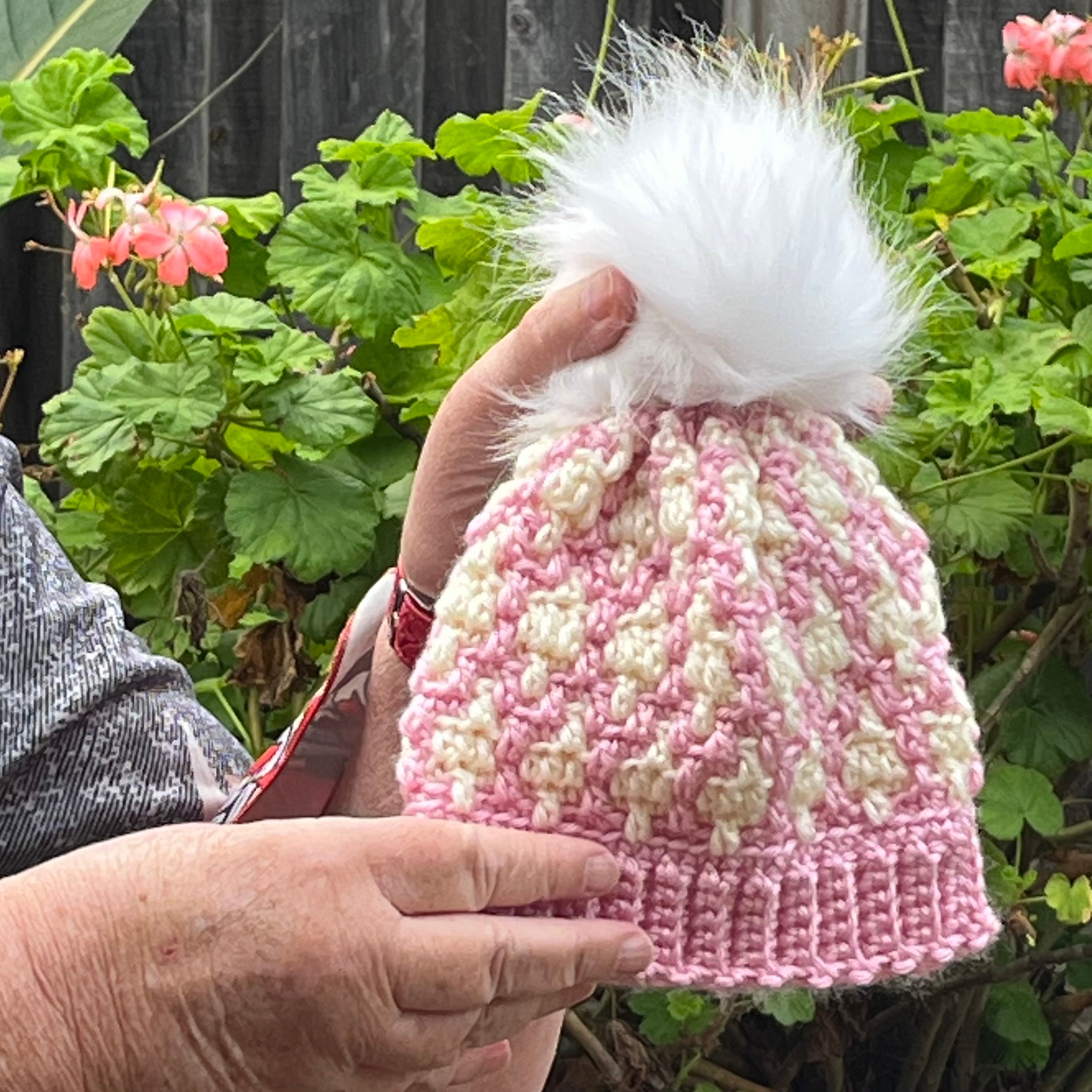 Pink and white fairisle beanie | suit 6 month | removable pom pom