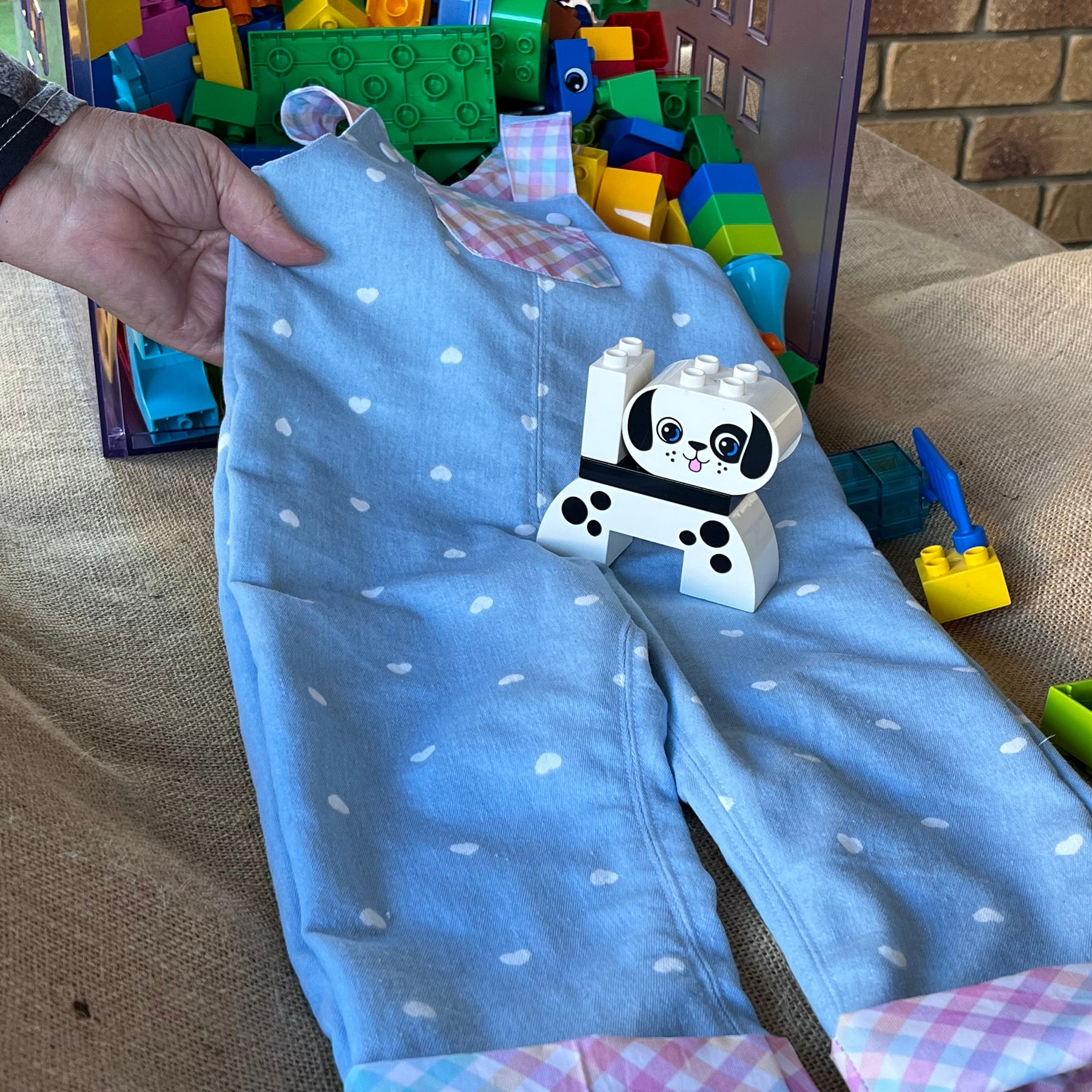 Pale blue denim with hearts and gingham /unisex toddler overalls | dungarees