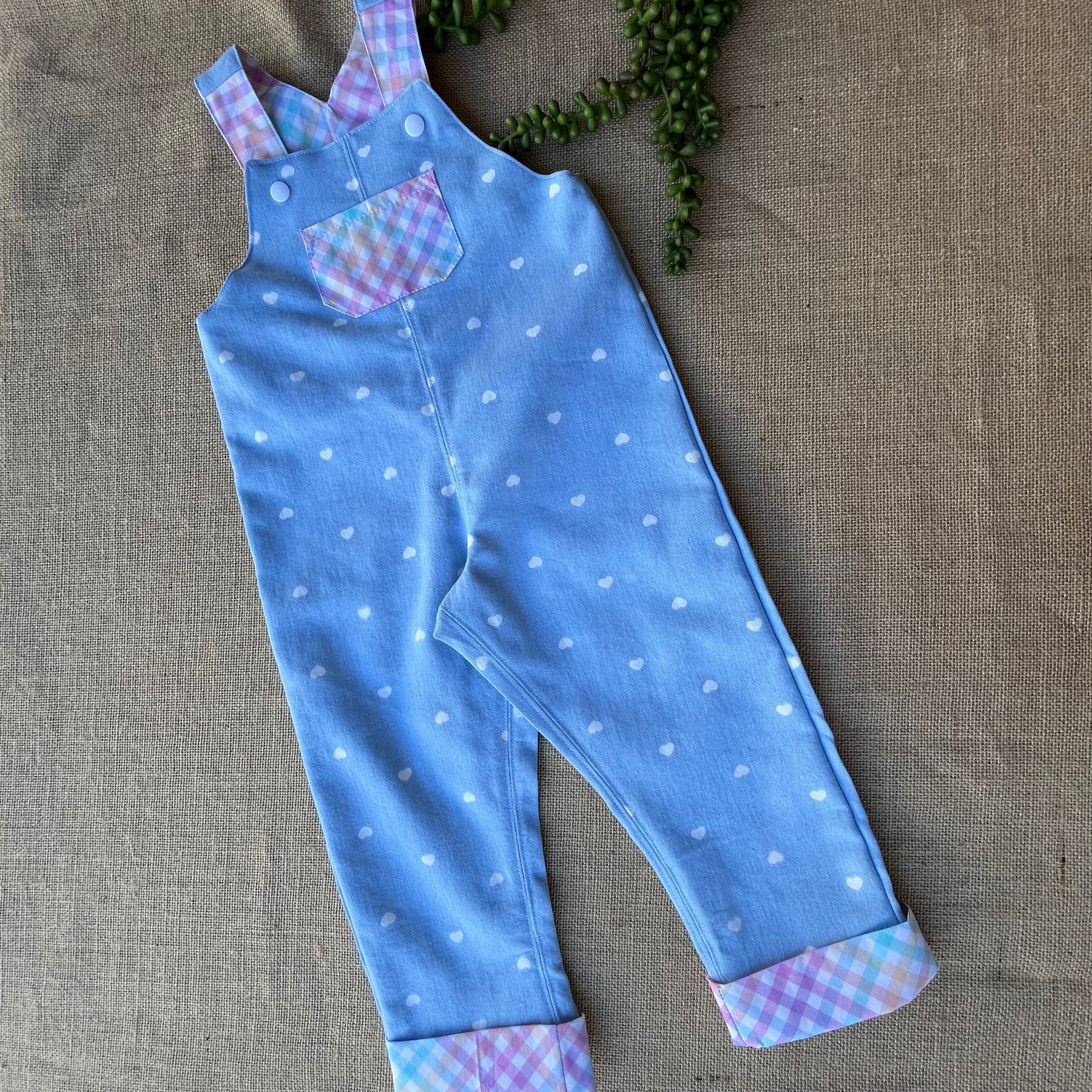 Pale blue denim with hearts and gingham /unisex toddler overalls | dungarees