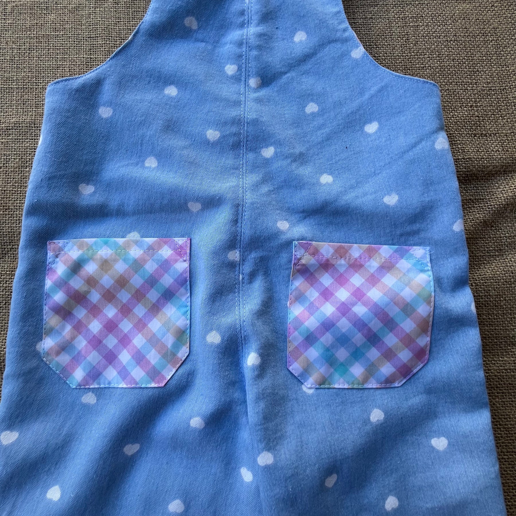 Pale blue denim with hearts and gingham /unisex toddler overalls | dungarees
