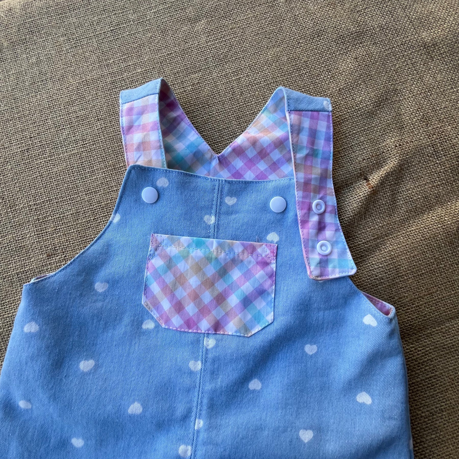 Pale blue denim with hearts and gingham /unisex toddler overalls | dungarees