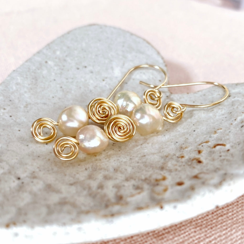 Pearl swirl dangle earrings | Sterling silver or 14k gold-filled | Natural pearls | June birthstone