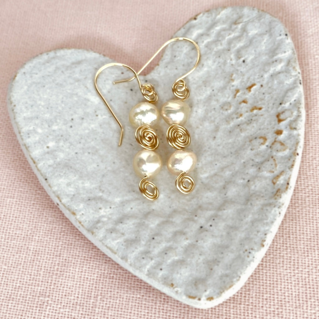 Pearl swirl dangle earrings | Sterling silver or 14k gold-filled | Natural pearls | June birthstone
