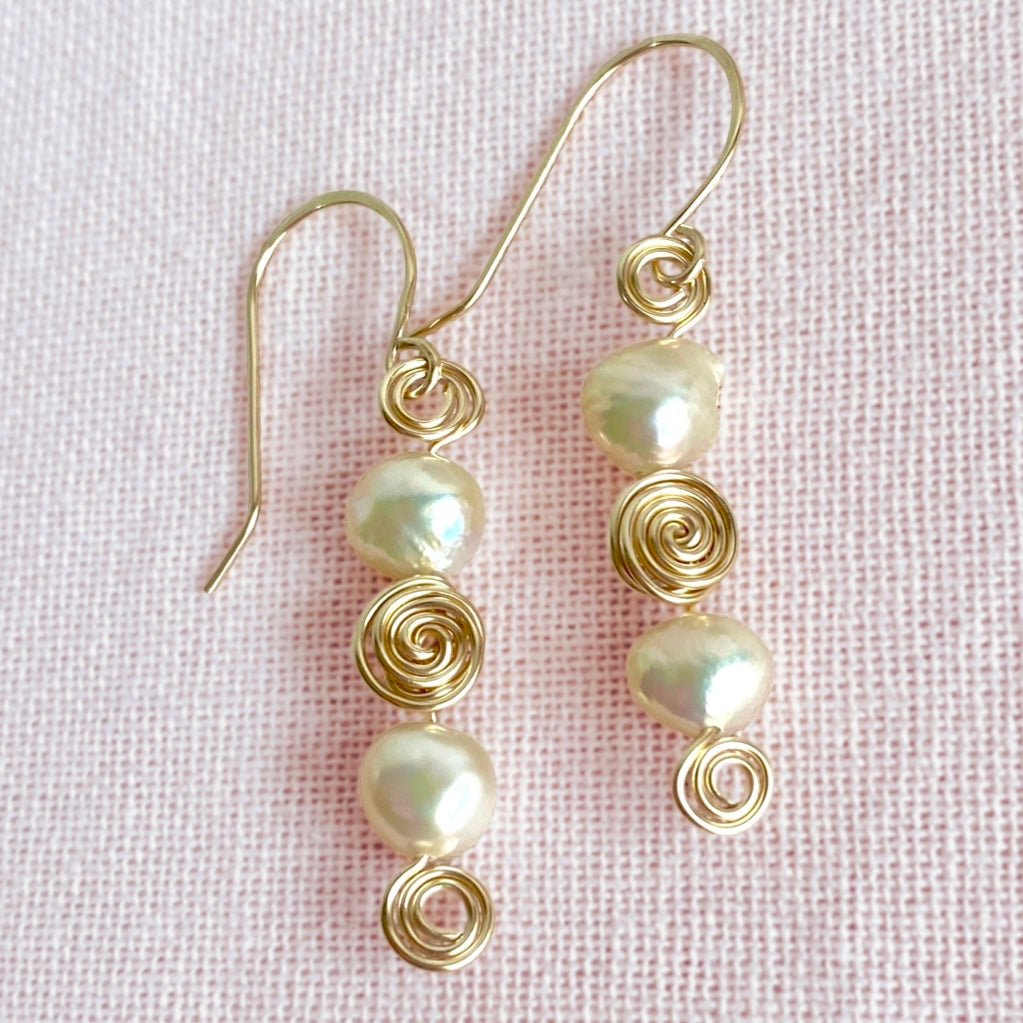 Pearl swirl dangle earrings | Sterling silver or 14k gold-filled | Natural pearls | June birthstone