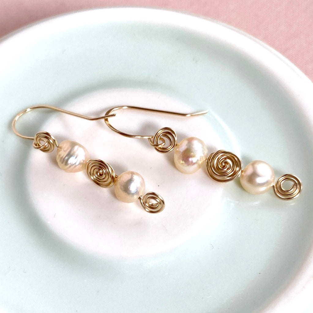 Pearl swirl dangle earrings | Sterling silver or 14k gold-filled | Natural pearls | June birthstone