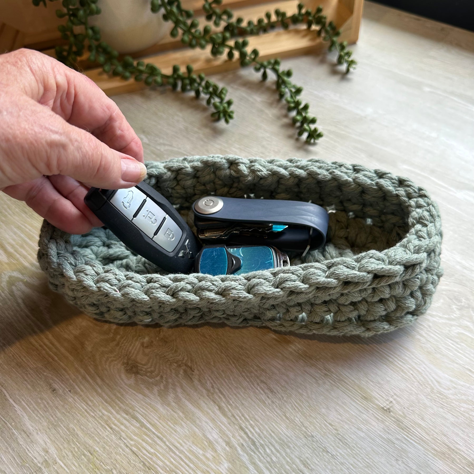 Sage Green Macramé Basket – Oval Catch-All for Glasses, Keys & Trinkets