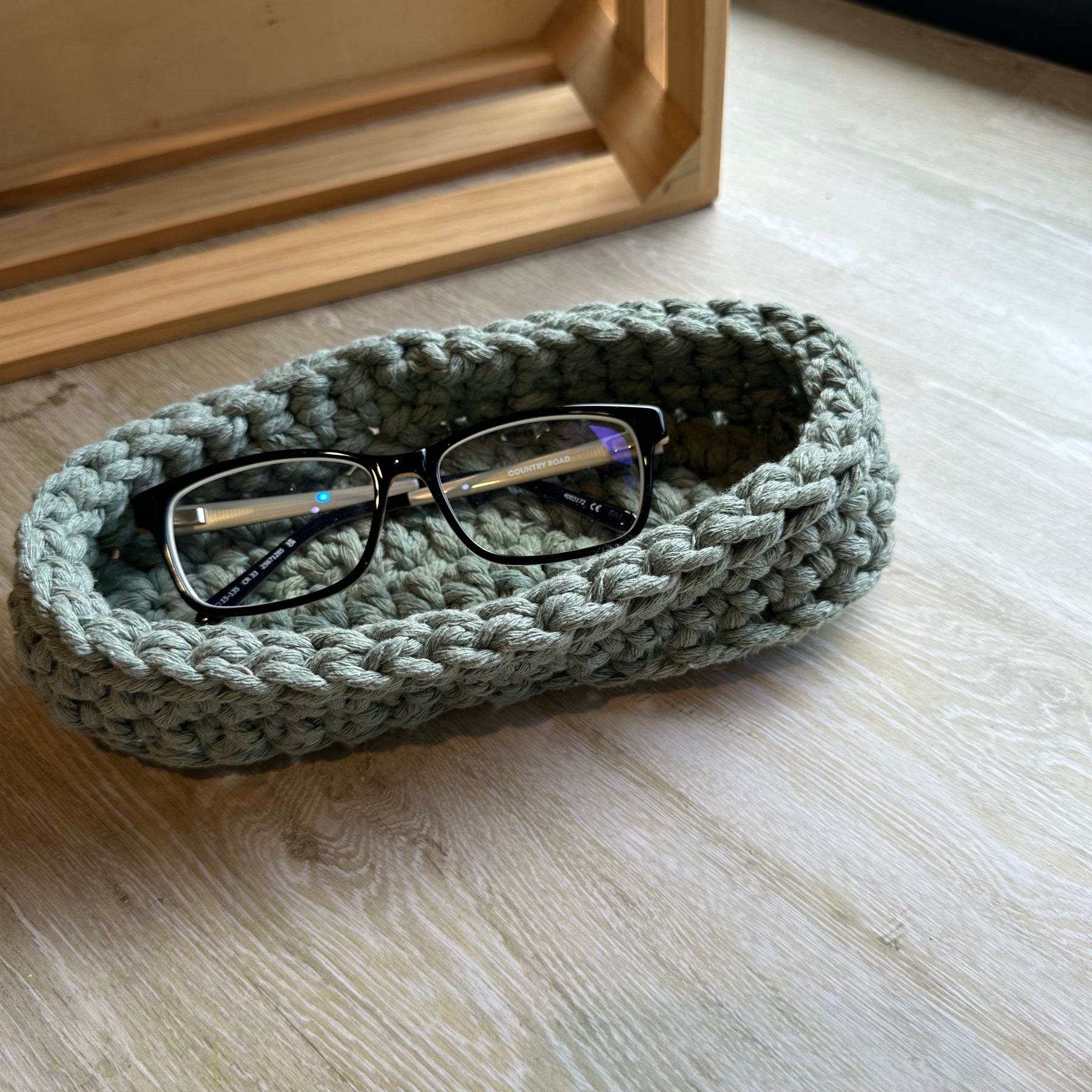Sage Green Macramé Basket – Oval Catch-All for Glasses, Keys & Trinkets