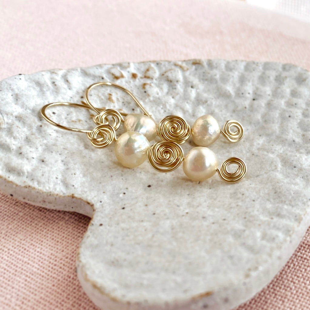 Pearl swirl dangle earrings | Sterling silver or 14k gold-filled | Natural pearls | June birthstone