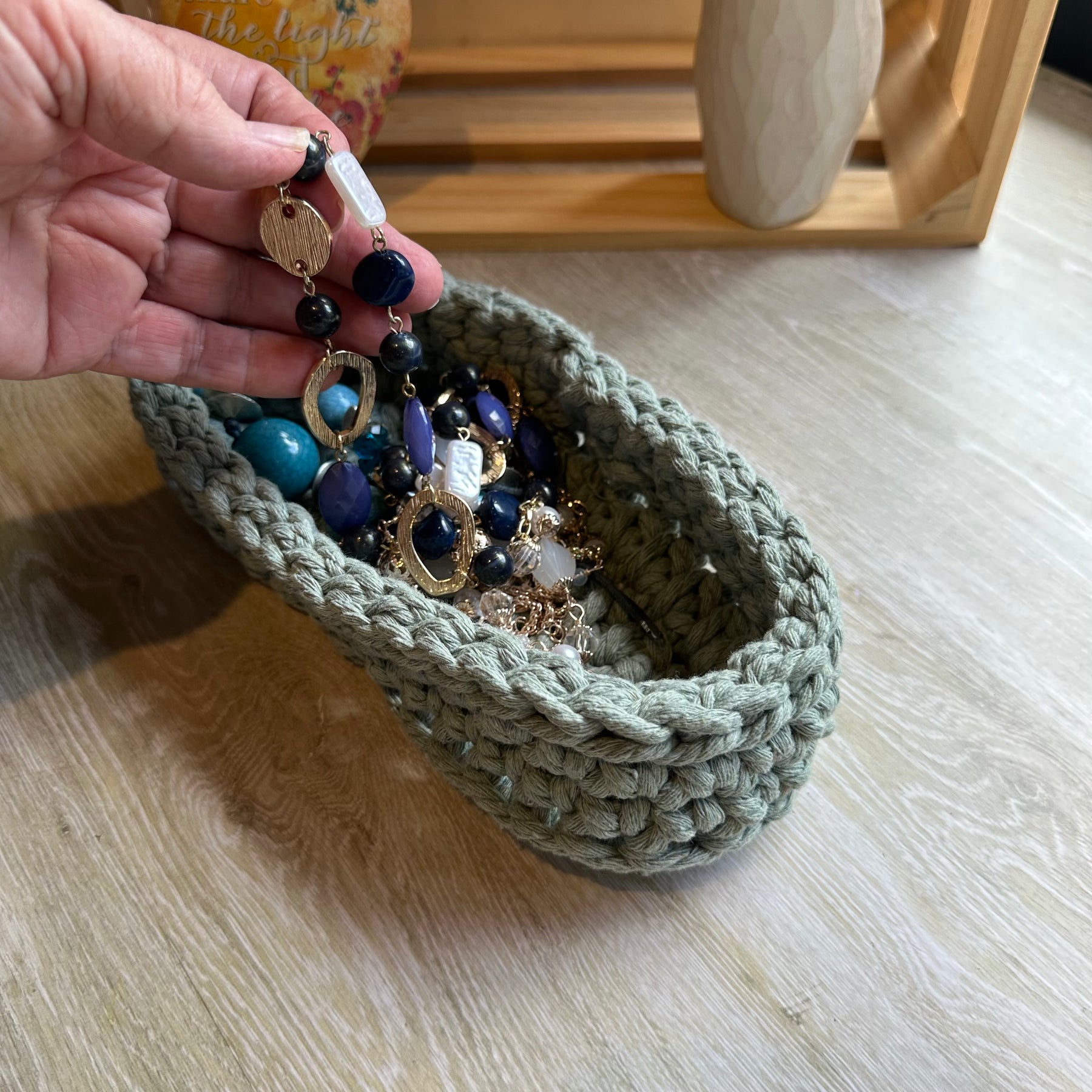 Sage Green Macramé Basket – Oval Catch-All for Glasses, Keys & Trinkets