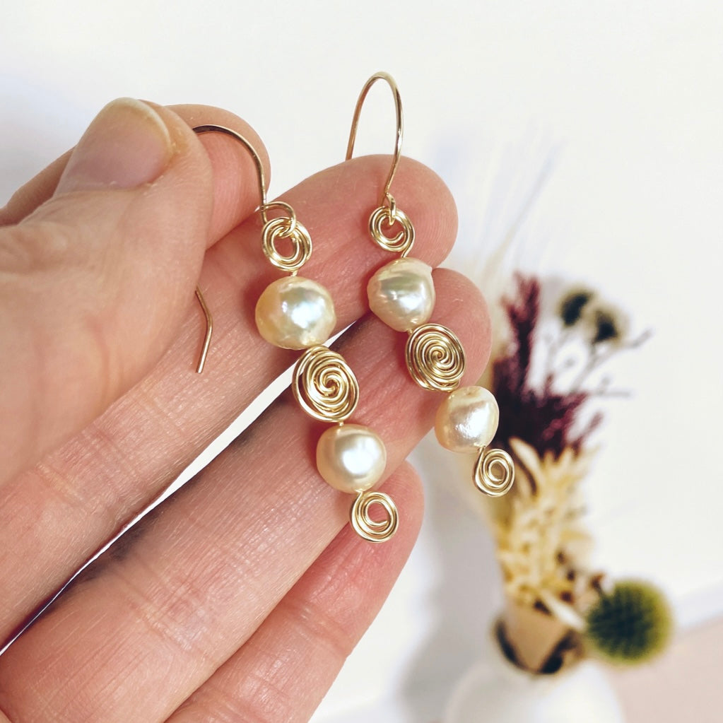 Pearl swirl dangle earrings | Sterling silver or 14k gold-filled | Natural pearls | June birthstone