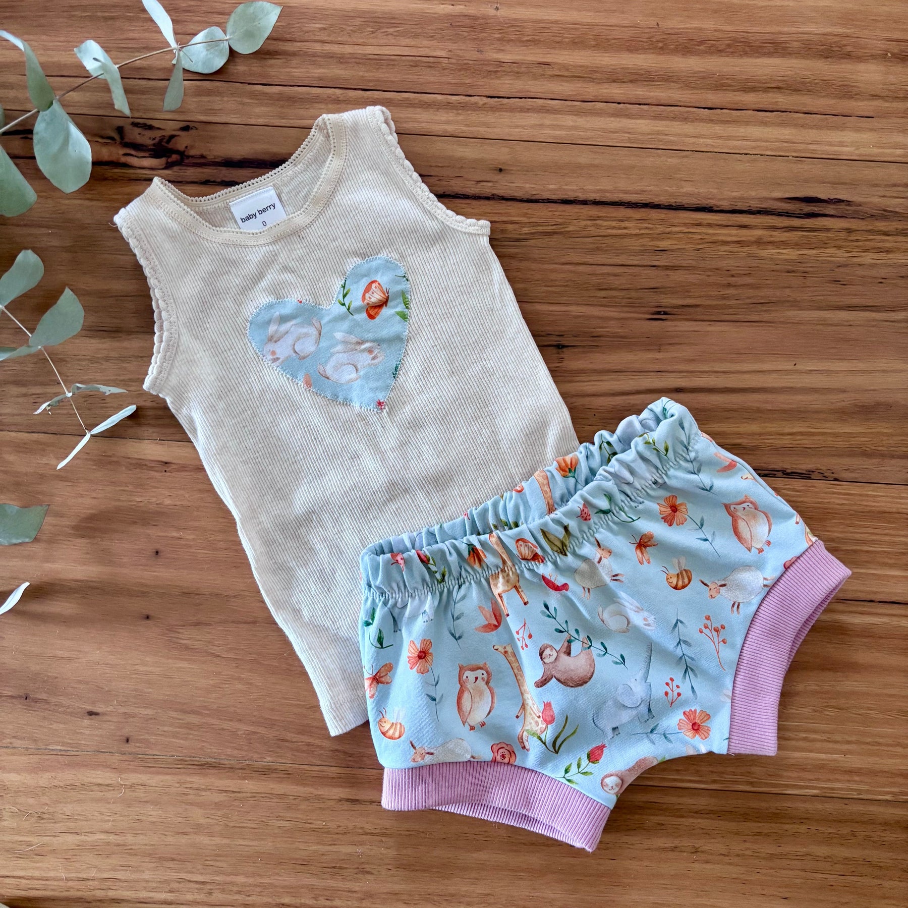 Baby Summer Shorties Set | Pink Blue Floral Bunnies | Size Newborn to 2 | Made to Order