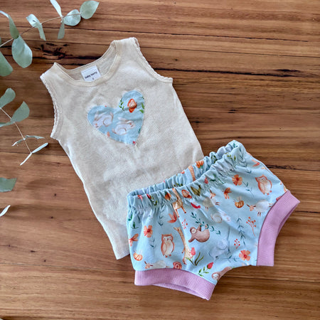Baby Summer Shorties Set | Pink Blue Floral Bunnies | Size Newborn to 2 | Made to Order