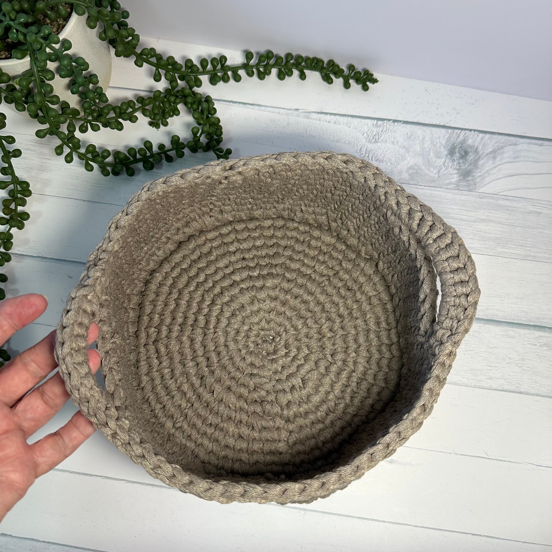 Neutral Beige Crocheted Basket - Large with Handles