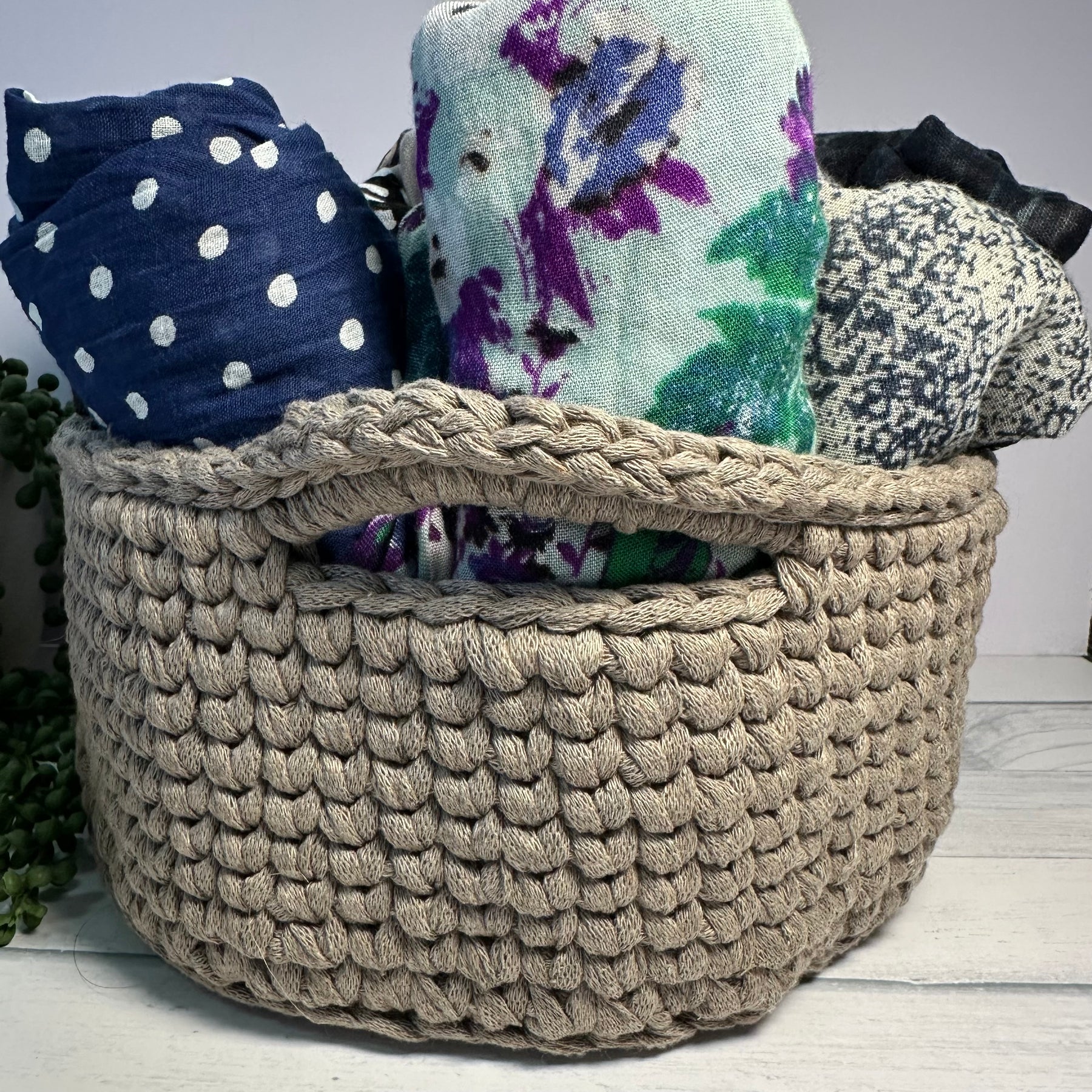 Neutral Beige Crocheted Basket - Large with Handles