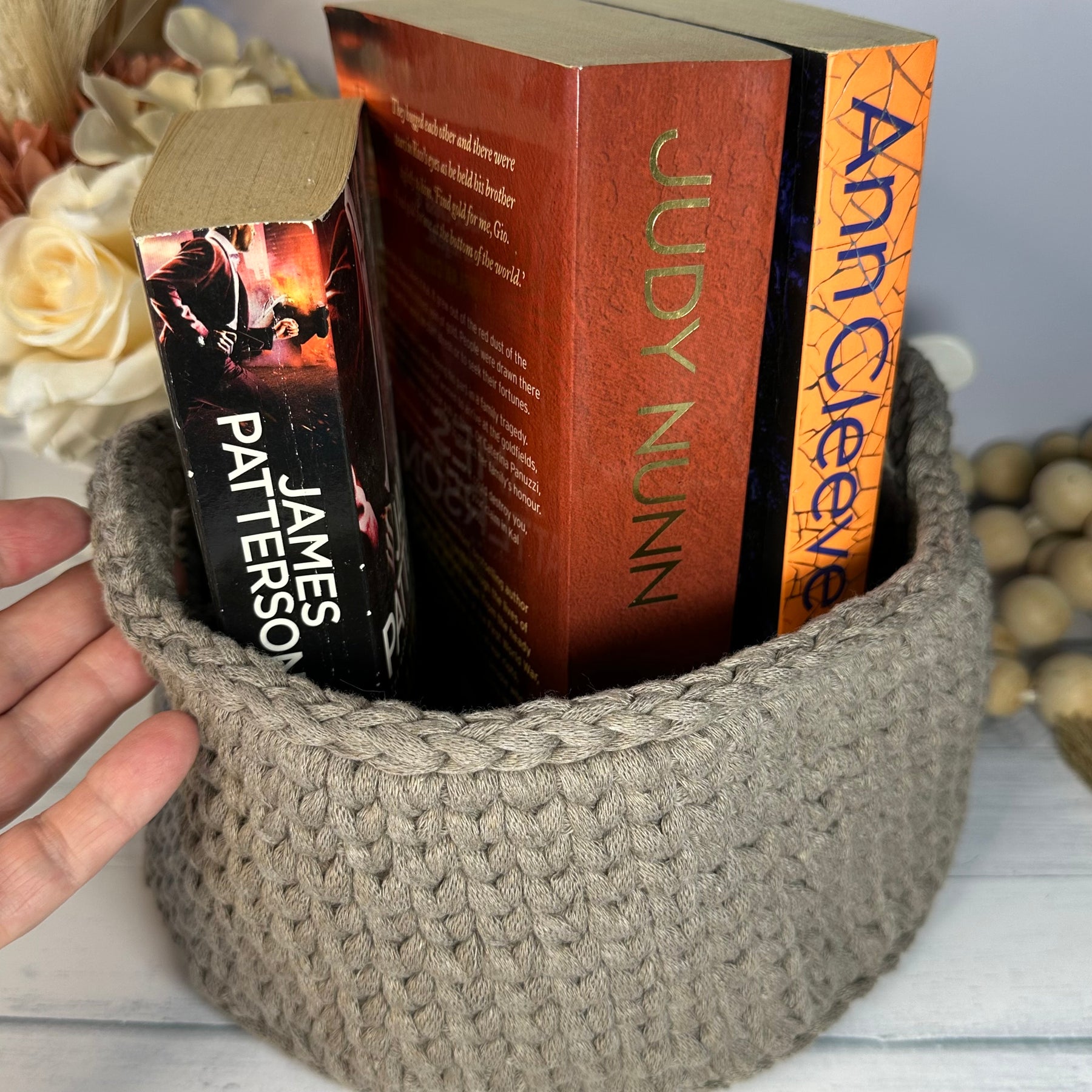 Neutral Beige Crocheted Basket - Large with Handles