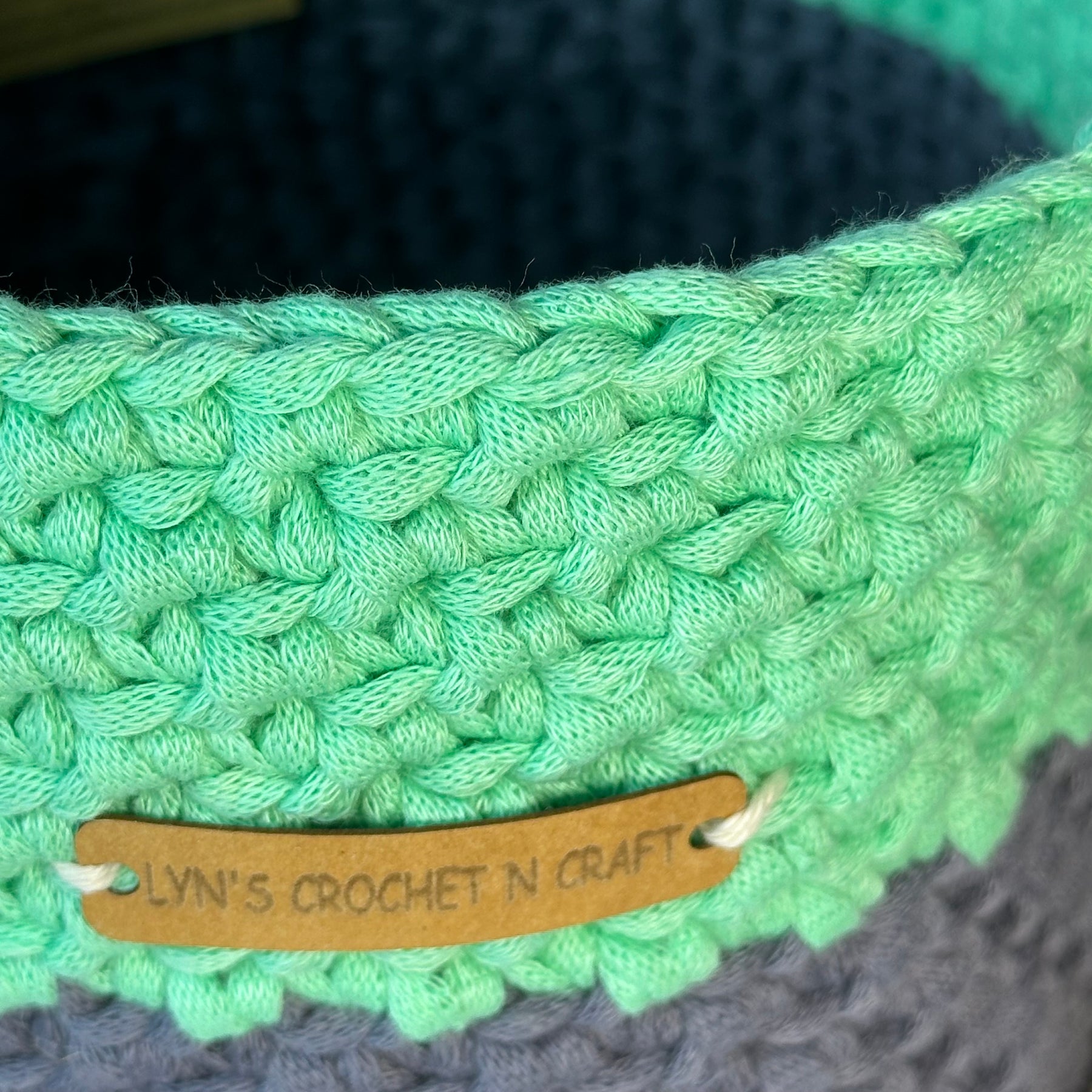 Mint & Grey Crochet Basket with Handles - Stylish & Functional