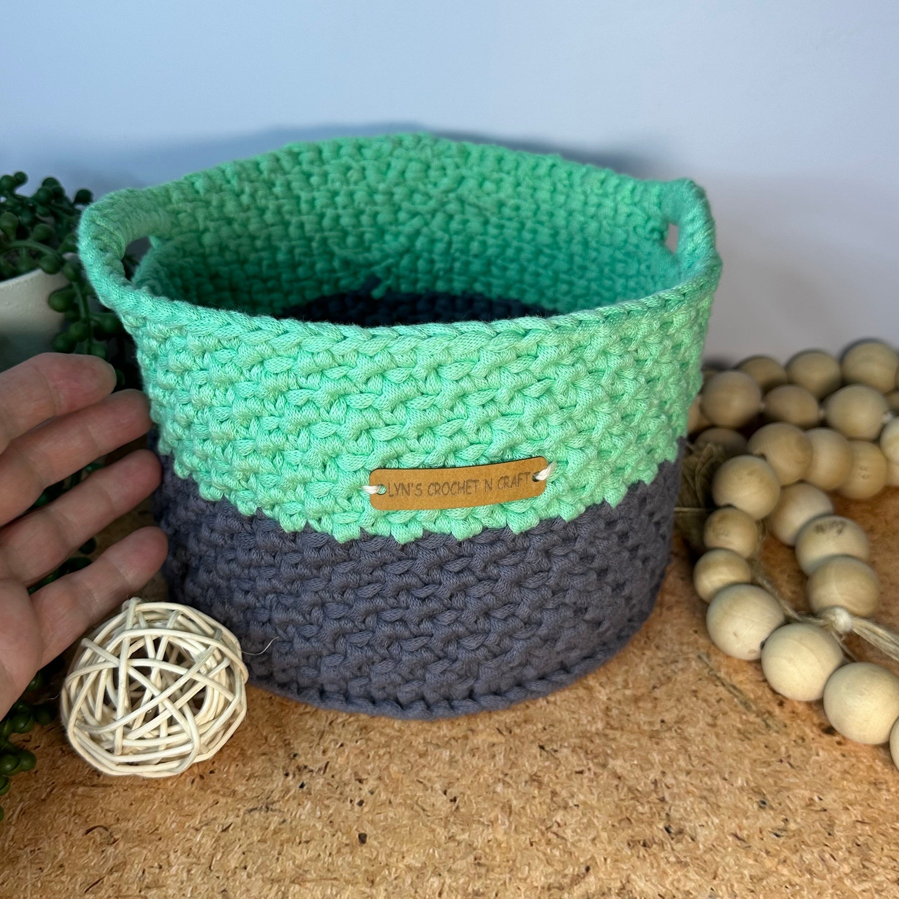 Mint & Grey Crochet Basket with Handles - Stylish & Functional