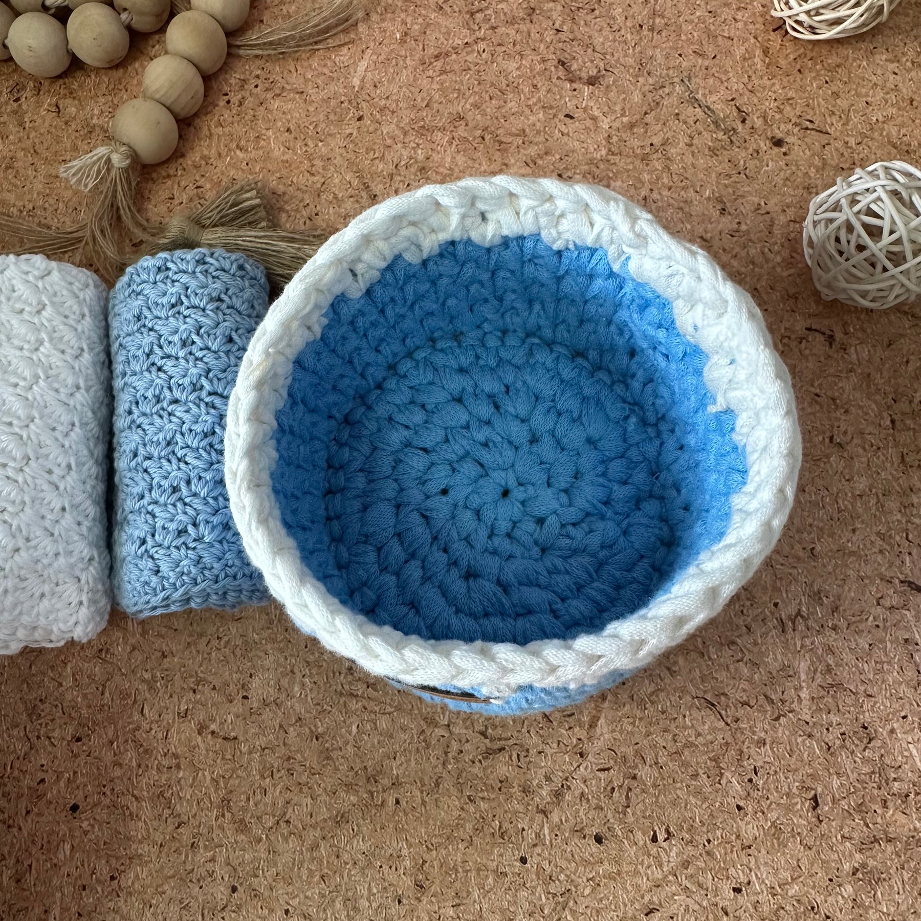 Handmade Crochet Blue & White Baby Basket - small