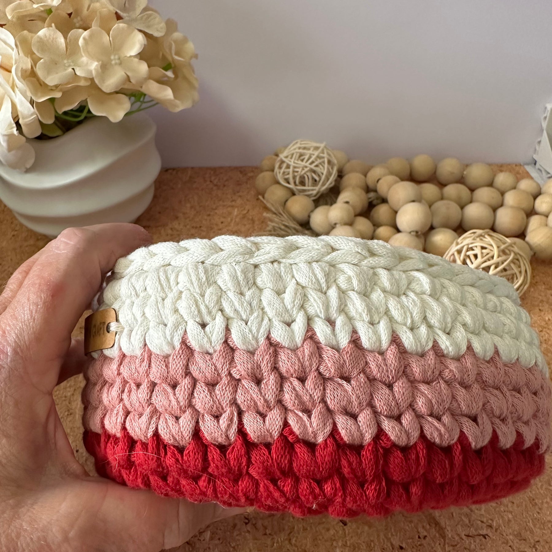 Vibrant Crochet Basket – Red Pink & White - Handmade Storage