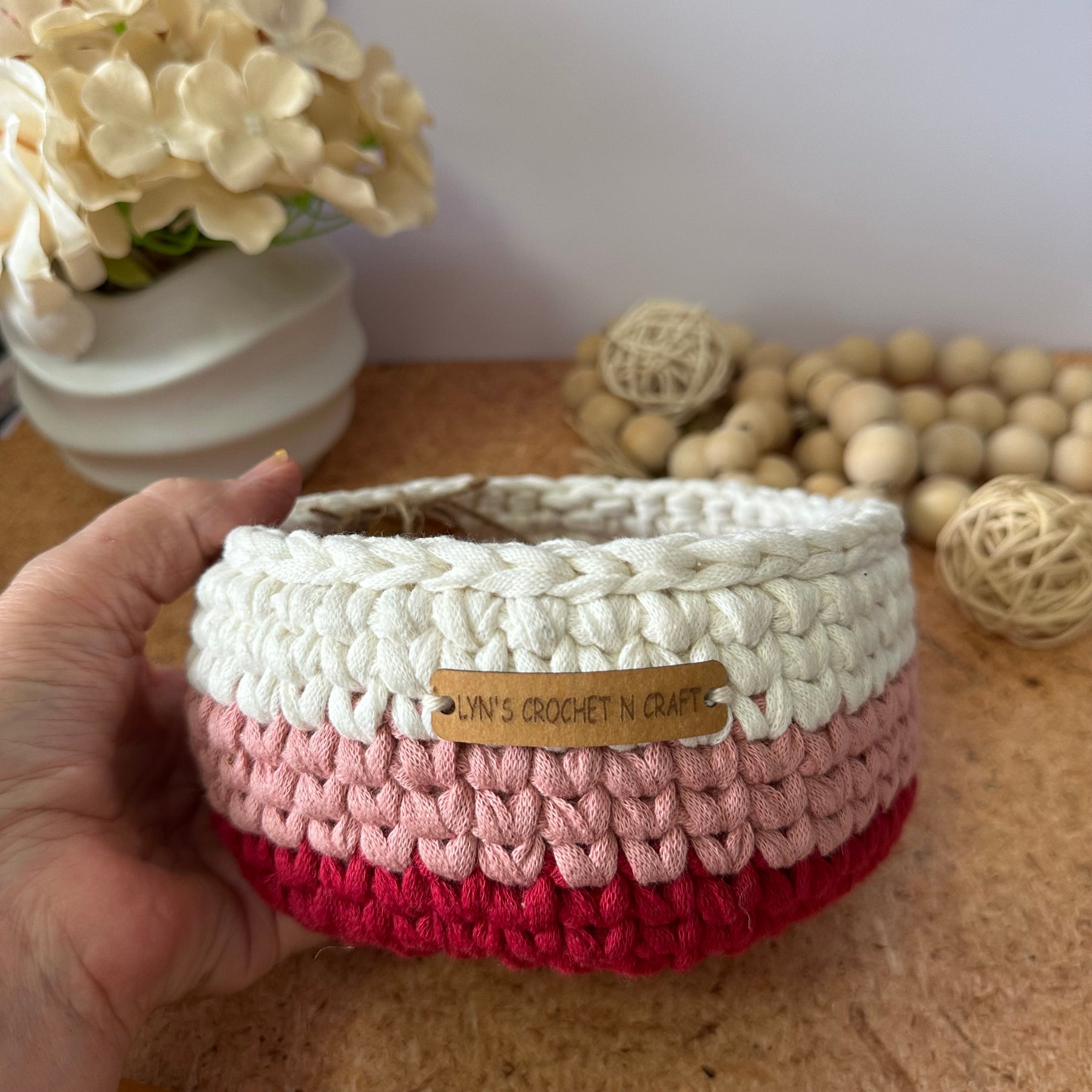 Vibrant Crochet Basket – Red Pink & White - Handmade Storage