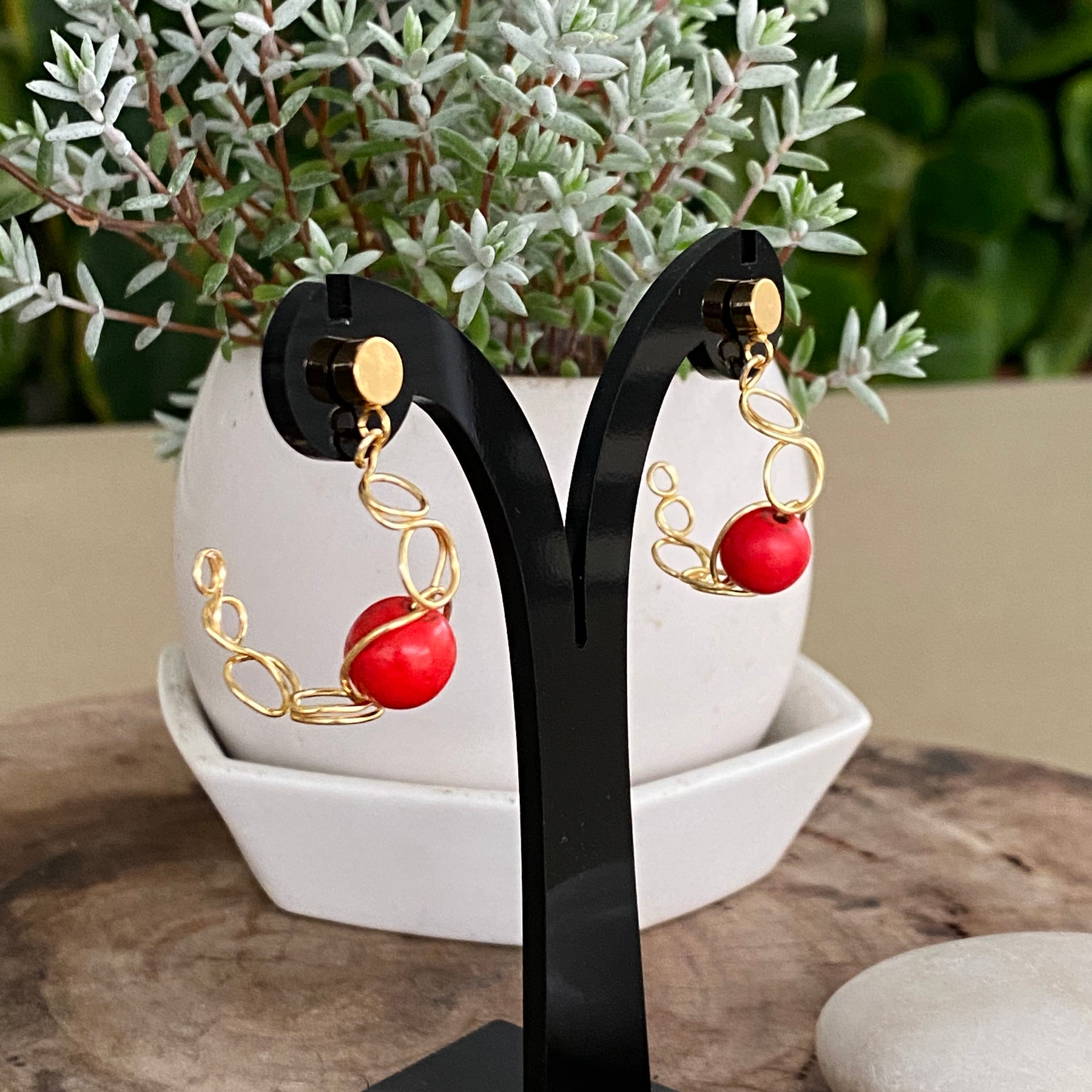 Gold or Silver Loop Stud Earrings With Red Gemstones