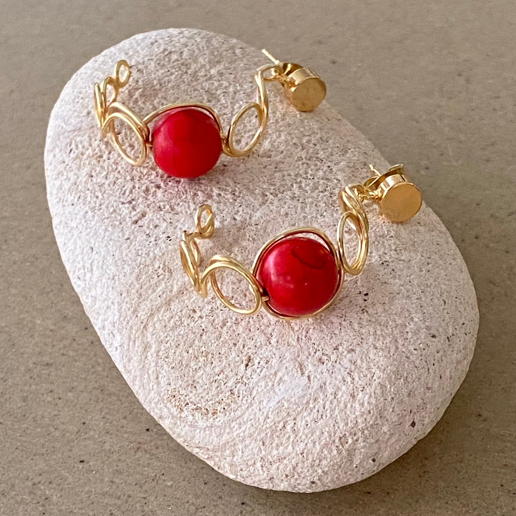 Gold or Silver Loop Stud Earrings With Red Gemstones
