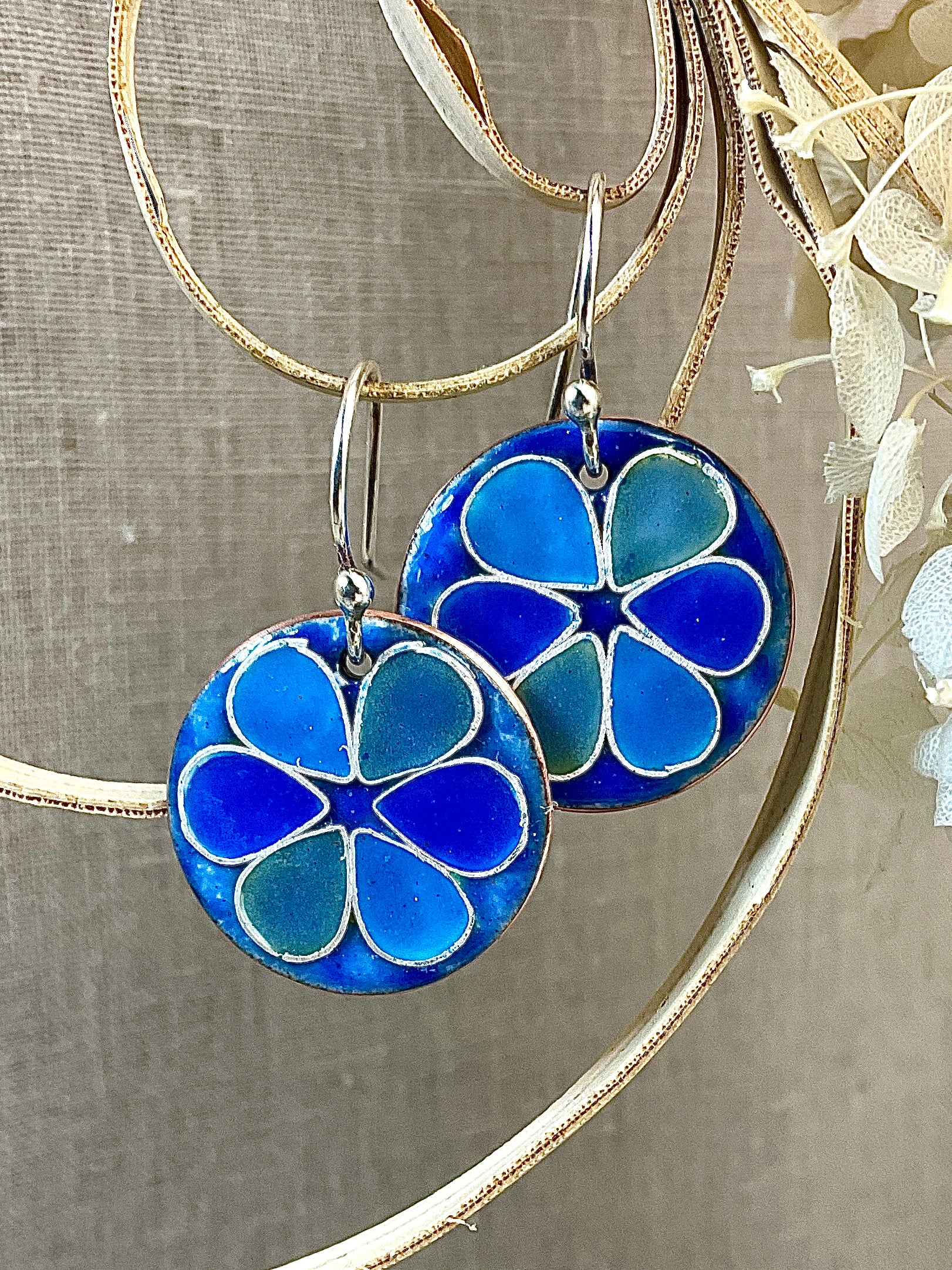 Blue flowers. Cloisonné enamel earrings. Handmade