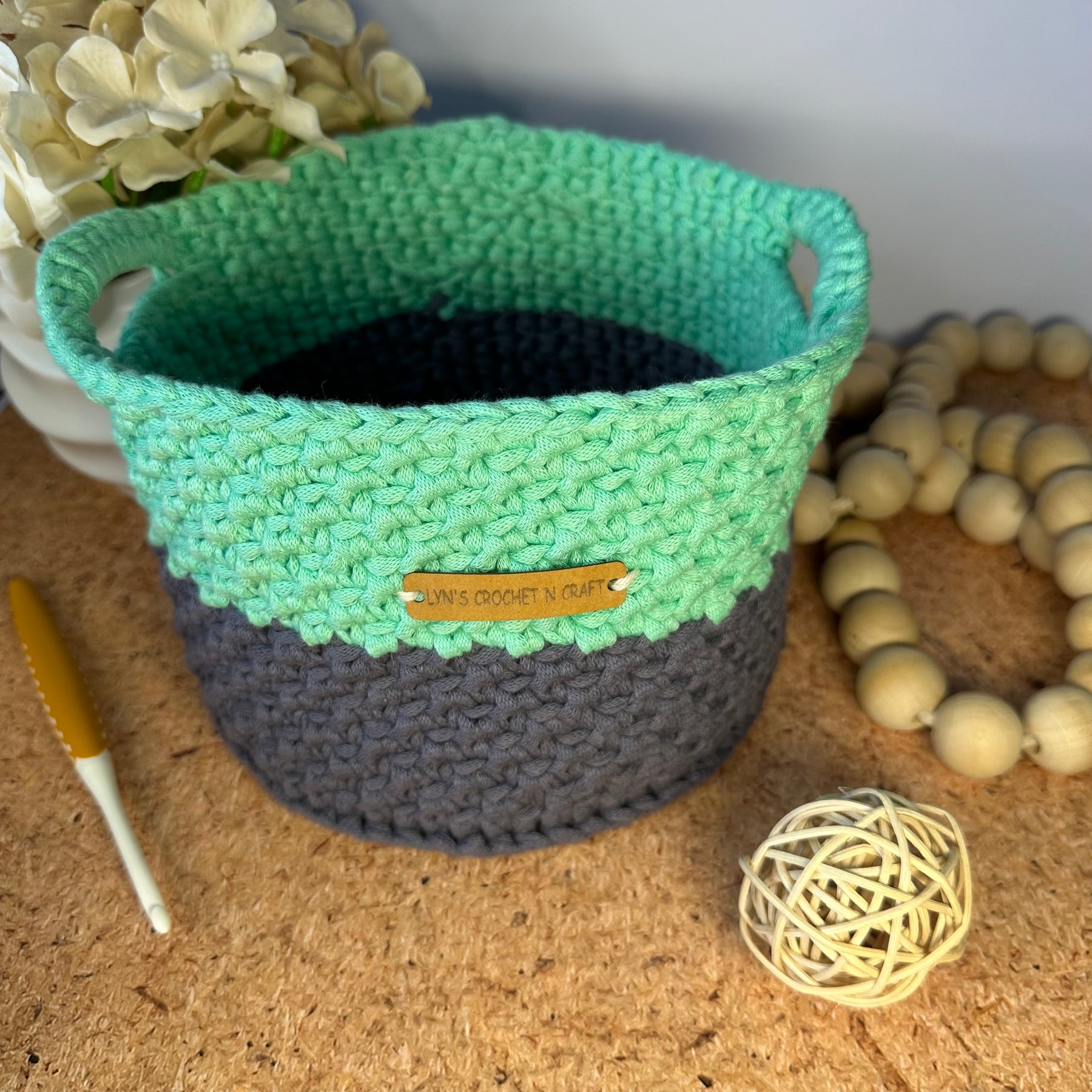 Mint & Grey Crochet Basket with Handles - Stylish & Functional