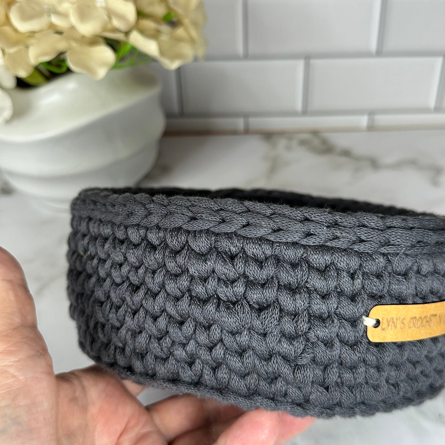 Rustic Charcoal Crochet Basket – Handmade Storage Solution