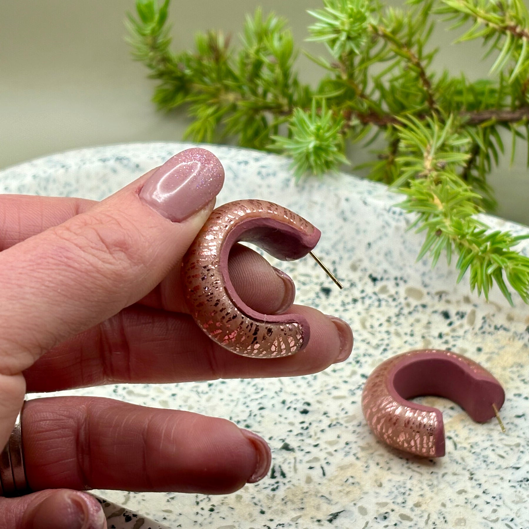 Pink Crackle Hoop Earrings