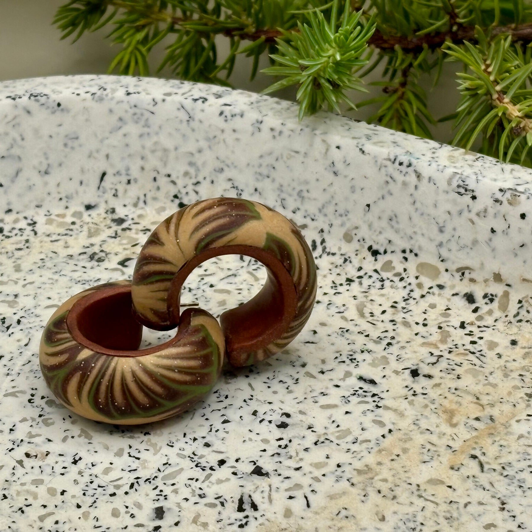 Green and bronze fern hoop earrings