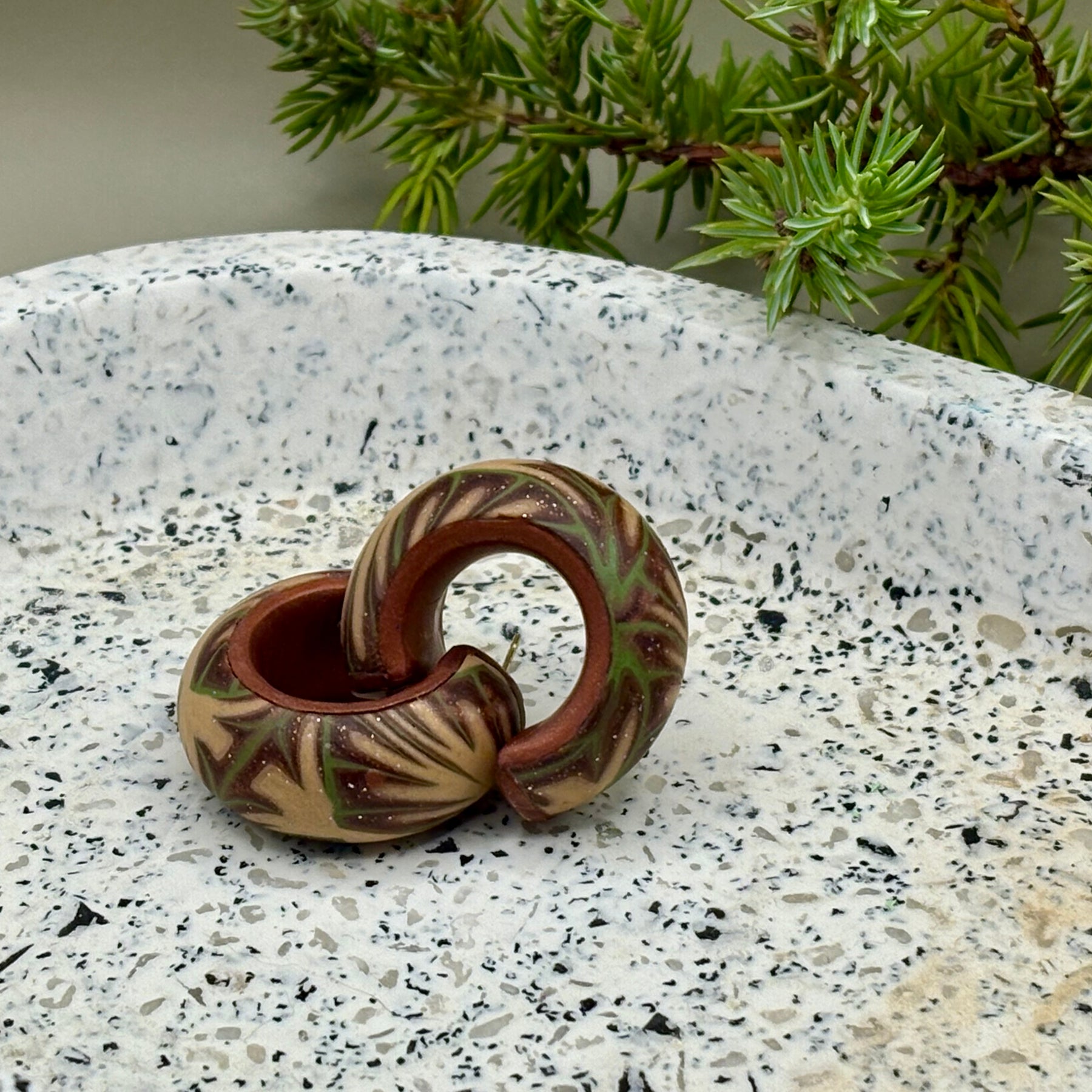 Green and bronze fern hoop earrings