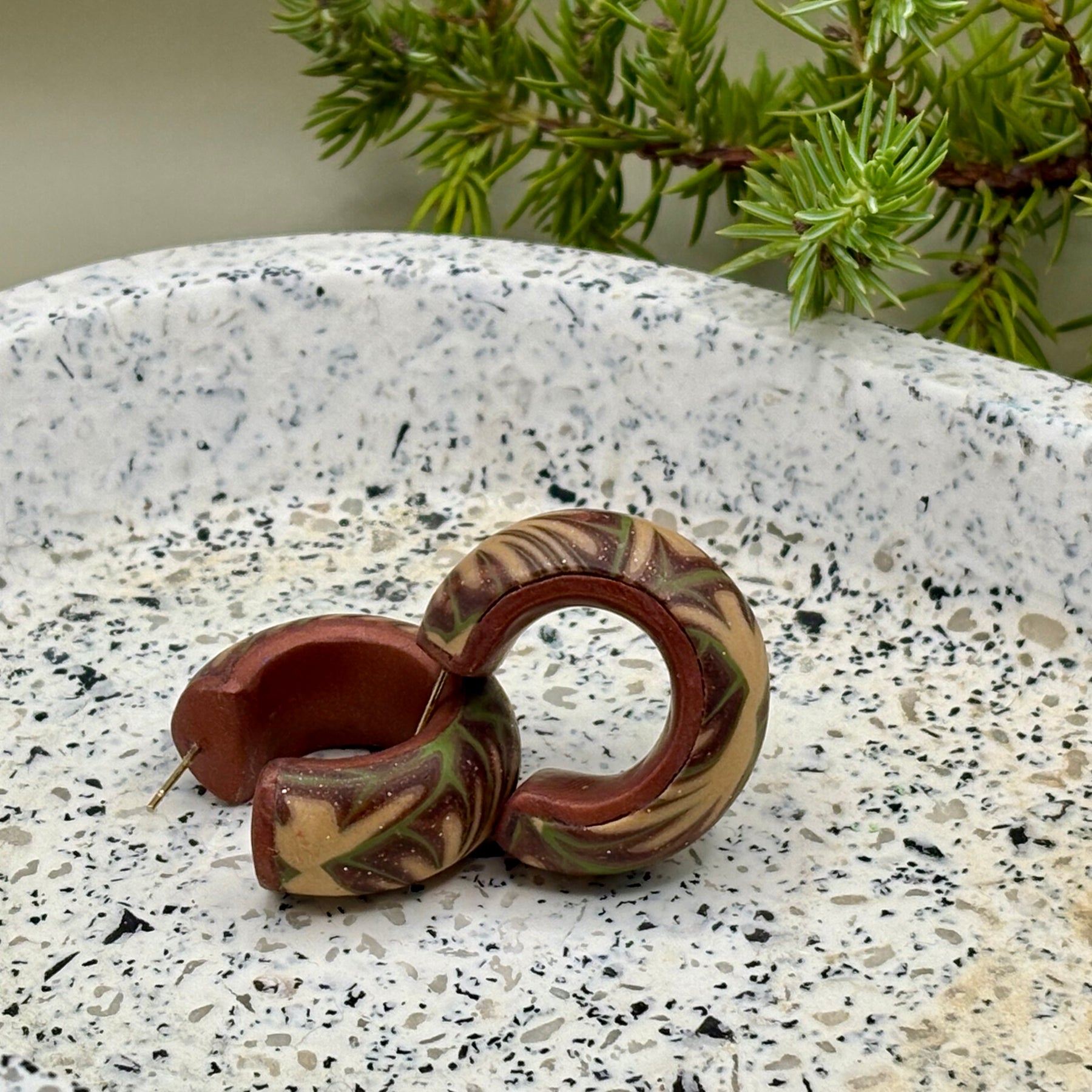 Green and bronze fern hoop earrings