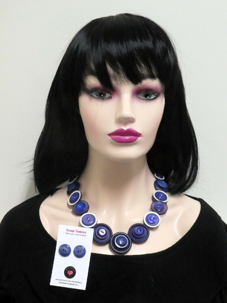 Blue and White button necklace and earrings