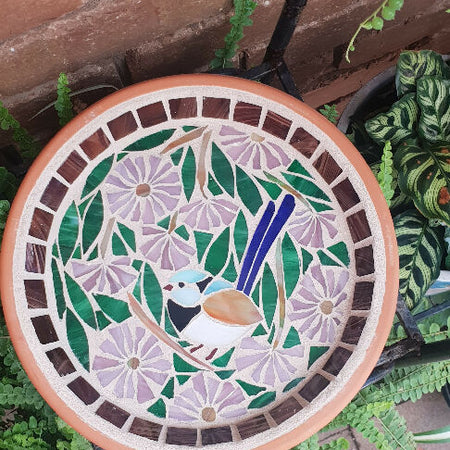 Mosaic birdbath Blue Wren Native Bird with native flowers