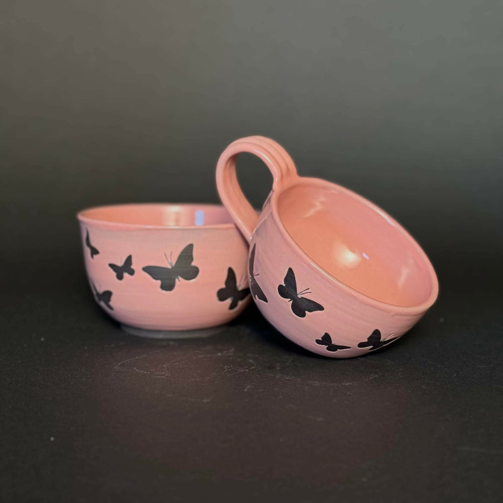 Australian-Ceramic-Pottery-Artist-Ana-Ceramica-Home-Decor-Kitchen-and-Dining-Servingware-Papillon-Noir-Handmade-Breakfast-Set-Pink-Black-Wheel-Thrown-Pottery