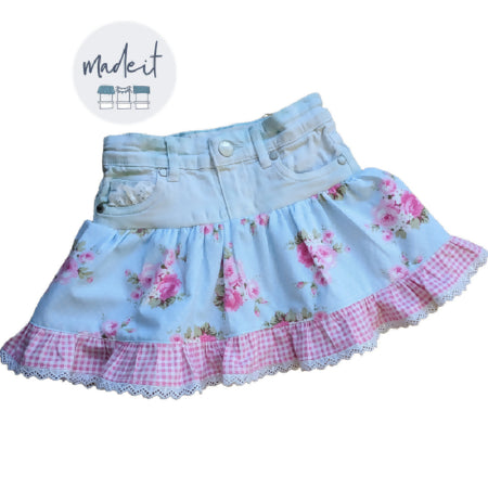 Upcycled Denim skirt Size 2-3, pink floral on pale blue denim