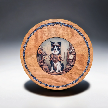 Steampunk Border Collie timber plate with Sodalite Inlay