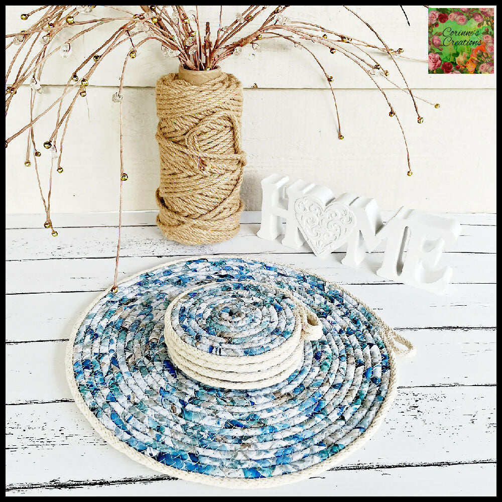 Home Decor Table Mat/Trivet & Coaster Set - Blue Tones