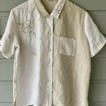 White and Natural Linen Embroidered tablecloth shirt/ upcycled tablecloth/ woman’s shirt/ size Medium