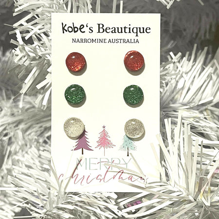 Mini Glitter Christmas Studs. 3pk. Red, Green and Silver